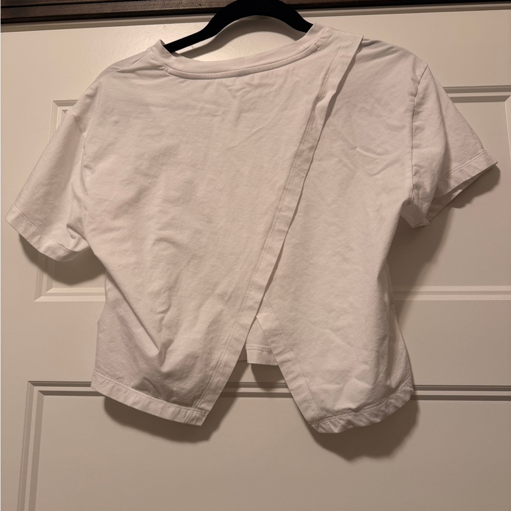 Cropped White Tee with Split Back Hem Detail - image 3